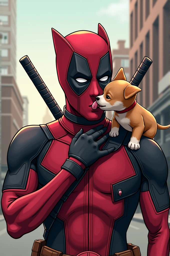 Create a drawing that has the puppy that appears in the movie Deadpool and Wolverine, licking Deadpool&#39;s face 