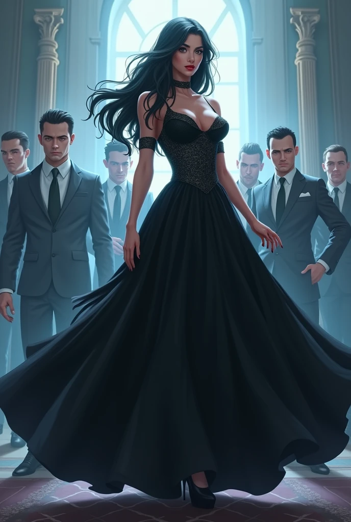 (masterpiece, Best Quality, High resolution, 32K HDR),Mafia girl, man harem,strong woman,black long hair, real art