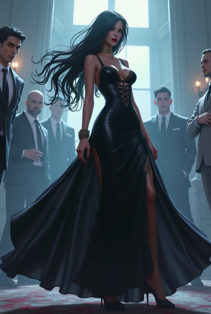 Mafia girl, man harem,strong woman,black long hair, real art