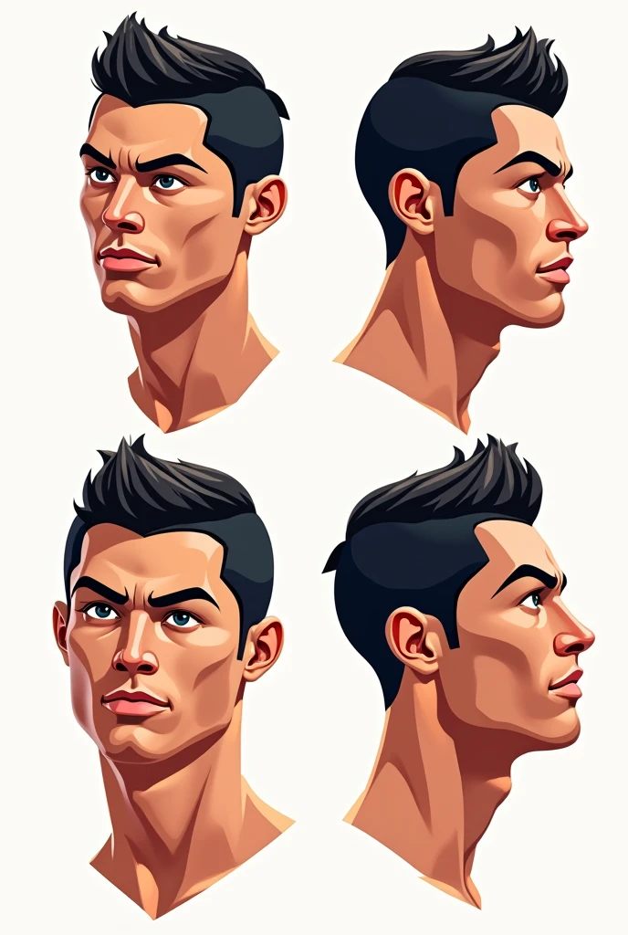 Only Cristiano Ronaldo's Head, 2D Cartoon Style, vectorized, svg, VARIOUS ANGLES, neckless, strong contour