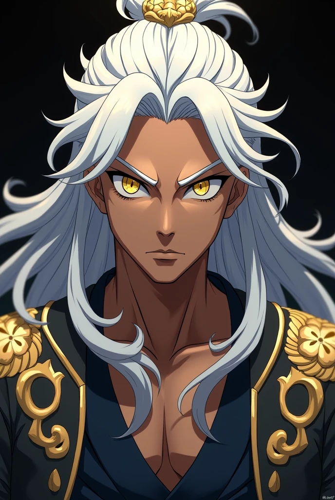 An anime character, Brown man, Cao Cao, long white hair, Golden pupils, white eyelashes, golden eyebrows, dark or black clothes with gold or silver details