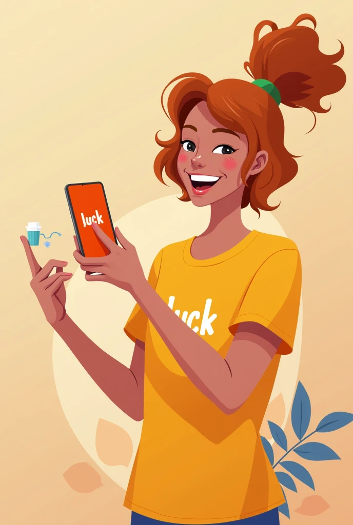 create an orange logo with the word luck written on it and in the background place a happy person with a cell phone in their hand wearing a shirt with the logo