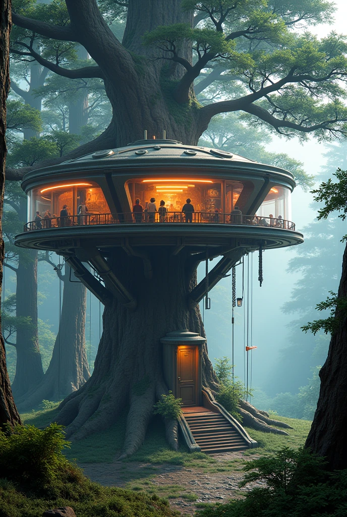 There is a tree house built in the branches of a tree, cyberpunk tree house, pine tree house, created in engine unreal 5, ( ( engine unreal ) ), the battle for the treehouse, engine unreal screenshot, villages , engine unreal, very detailed engine unreal, highly detailed engine unreal, unreal mechanism 5 highly rendered, rendered in unreal 5, rendered in cryengine