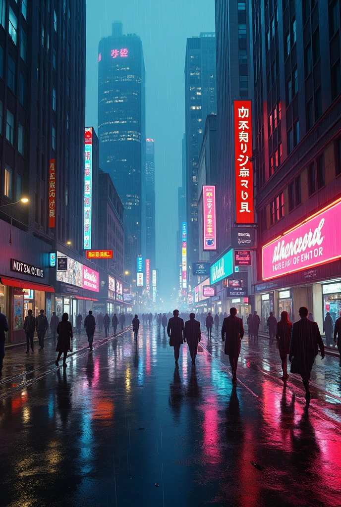 a beautiful rain day at night with neon lights on a rain street of a big city