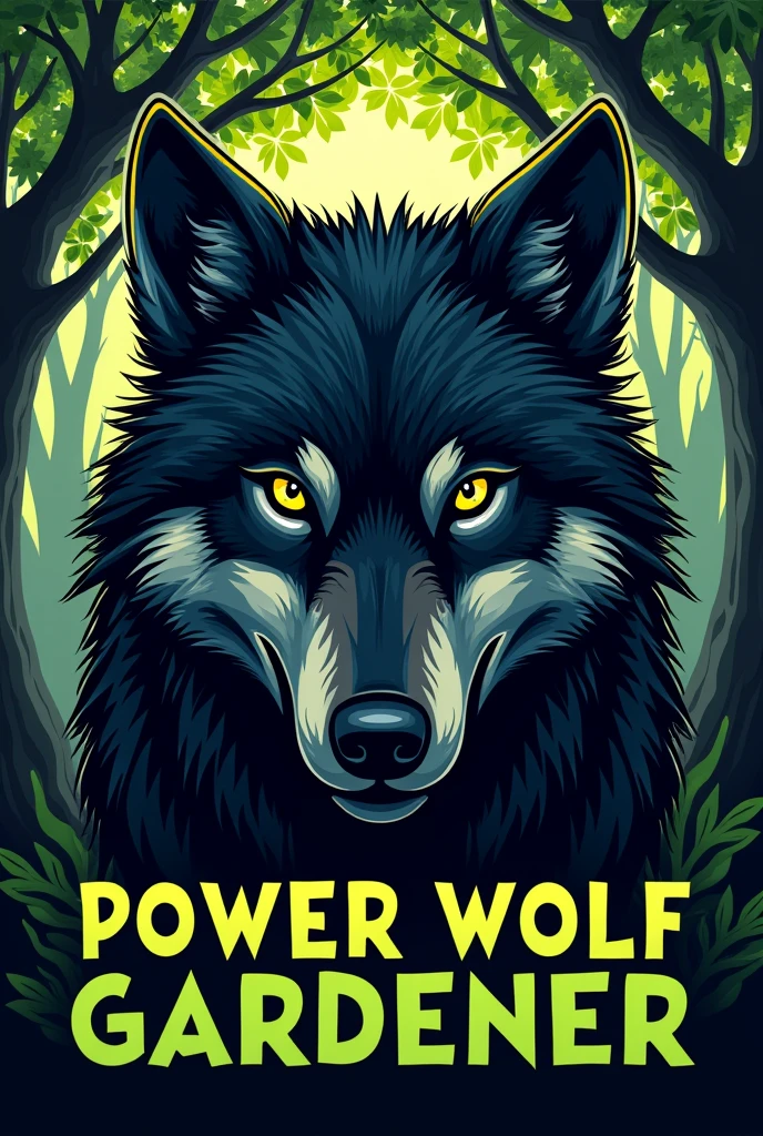 (dibujo), This image features a powerful and majestic wolf head, front and center, with intense yellow eyes and thick, dark fur. Above the wolf's head, there is a tree with lush, green leaves, giving the impression that the wolf is connected to nature. Below the image, the text reads 'POWER WOLF GARDENER' in bold, uppercase letters. The word 'POWER WOLF' is in black, and 'GARDENER' is in green."