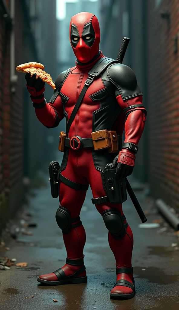 Michelangelo stands in a dark alley, his face fully visible as he wears Deadpool’s red-and-black suit. The suit, stretched awkwardly over his shell, humorously contrasts with his turtle form. His orange mask is clearly visible beneath the slightly raised Deadpool mask, merging their identities. His playful grin, tinged with a hint of Deadpool’s mischief, lights up his face. In one hand, he casually holds a pizza slice, while the twin katanas strapped to his back hint at the chaos he's capable of. The combination of Michelangelo’s carefree charm and Deadpool’s unpredictable edge is perfectly captured in this surreal and striking image.