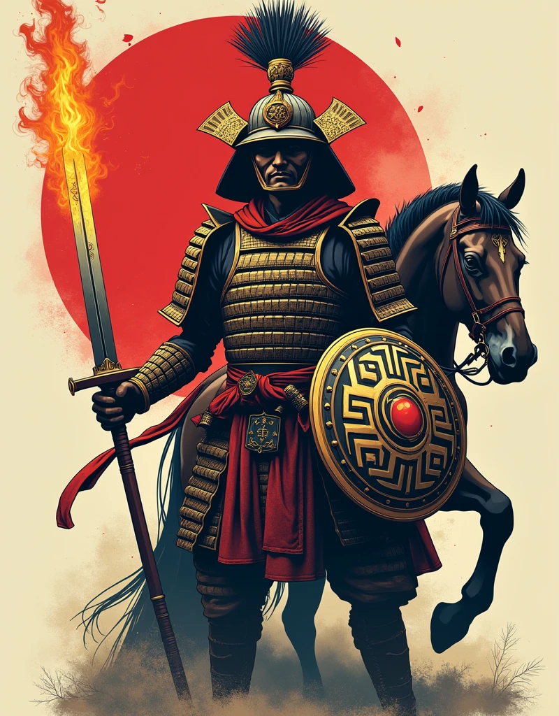 “Vector t-shirt design featuring a Samurai inspired by Achilles, wearing armor that merges elements of Greek and Japanese culture. The armor should include a kabuto (helmet) with a crest resembling Achilles’ plume. The Samurai stands beside a warhorse, holding a flaming blade in one hand, reminiscent of Achilles’ legendary weapon, and a round shield adorned with Samurai emblems in the other. The design should blend epic and historical styles, with a color palette that emphasizes the contrast between the fiery blade and the metallic sheen of the armor. The overall composition should evoke strength, honor, and a fusion of cultural symbols, creating a visually striking and powerful t-shirt design.”