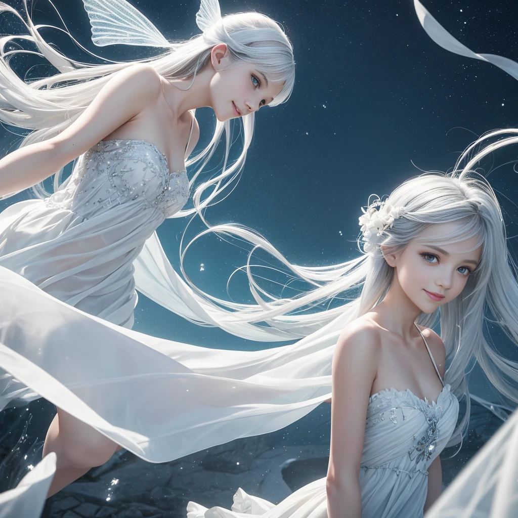 "A Sylphid Fairy, an agile and lively being who commands the power of the wind. She has flowing silver or white hair, light and airy, resembling the breeze itself. Her wings are delicate and transparent, with a subtle shimmer that reflects the light. Her eyes are large, clear, and bright, capturing the essence of a clear sky, while her nose is small and finely sculpted, complementing her delicate facial features. She appears to be in her early teens, though her true age is timeless. She wears minimalistic attire that hints at the freedom of the wind, allowing her to move swiftly and gracefully. Her smile is playful and mischievous, with lively, sparkling eyes that convey her spirited nature. Sylphid Fairies are born from the energy of wind spirits, emerging in high places or within storms, embodying the boundless freedom and speed of the wind."