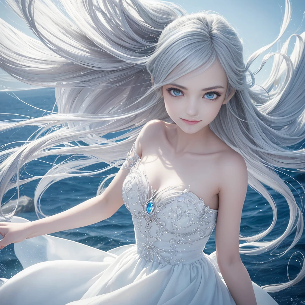 "A Sylphid Fairy, an agile and lively being who commands the power of the wind. She has flowing silver or white hair, light and airy, resembling the breeze itself. Her wings are delicate and transparent, with a subtle shimmer that reflects the light. Her eyes are large, clear, and bright, capturing the essence of a clear sky, while her nose is small and finely sculpted, complementing her delicate facial features. She appears to be in her early s, though her true age is timeless. She wears minimalistic attire that hints at the freedom of the wind, allowing her to move swiftly and gracefully. Her smile is playful and mischievous, with lively, sparkling eyes that convey her spirited nature. Sylphid Fairies are born from the energy of wind spirits, emerging in high places or within storms, embodying the boundless freedom and speed of the wind."