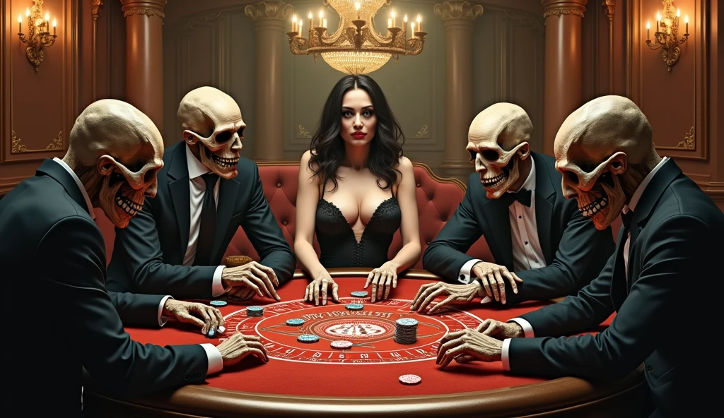  dead men gambling inside a casino , with a curvy woman with huge breasts 