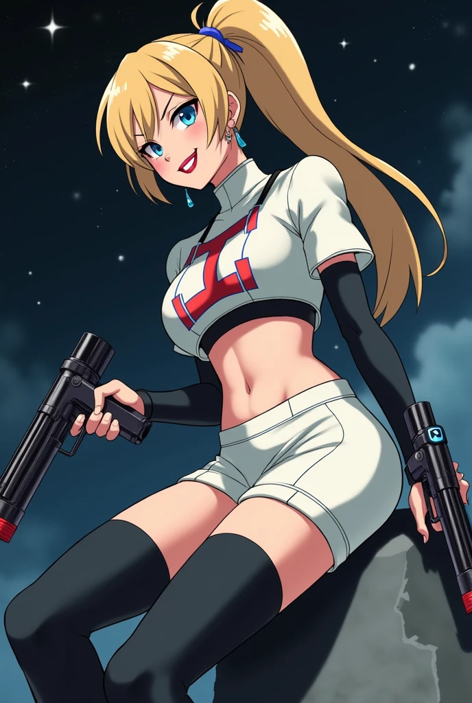 Create an image of Samus Aran with a stylish twist. She should have a ponytail secured with a hair tie, glossy lips, and earrings. Outfit her in a Team Rocket-inspired uniform featuring a white crop top with a blue letter ‘I’ on it, a white skirt, black thigh-highs, and black elbow-length gloves. She should be holding two dual mini guns, with an evil smile on her face. Position her sitting with her legs crossed, looking down on the viewer. Set the scene against a dramatic night sky background, with stars and a hint of cosmic elements