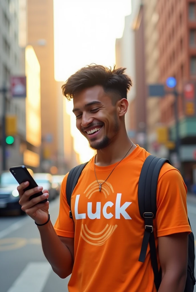 create an orange urban mobility logo with the word luck written on it and in the background place a happy person with a cell phone in his hand wearing a shirt with the word luck written on it