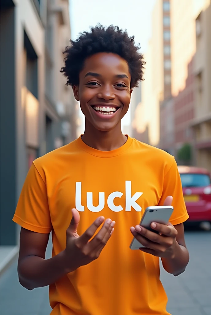 create an orange urban mobility logo with the word luck written on it and in the background place a happy person with a cell phone in his hand wearing a shirt with the word luck written on it 