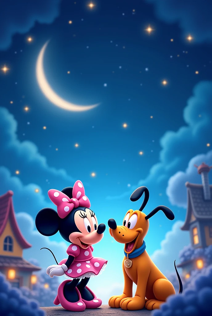 Royal blue background with Minnie and Pluto the dog with stars around and the moon and Minnie&#39;s house