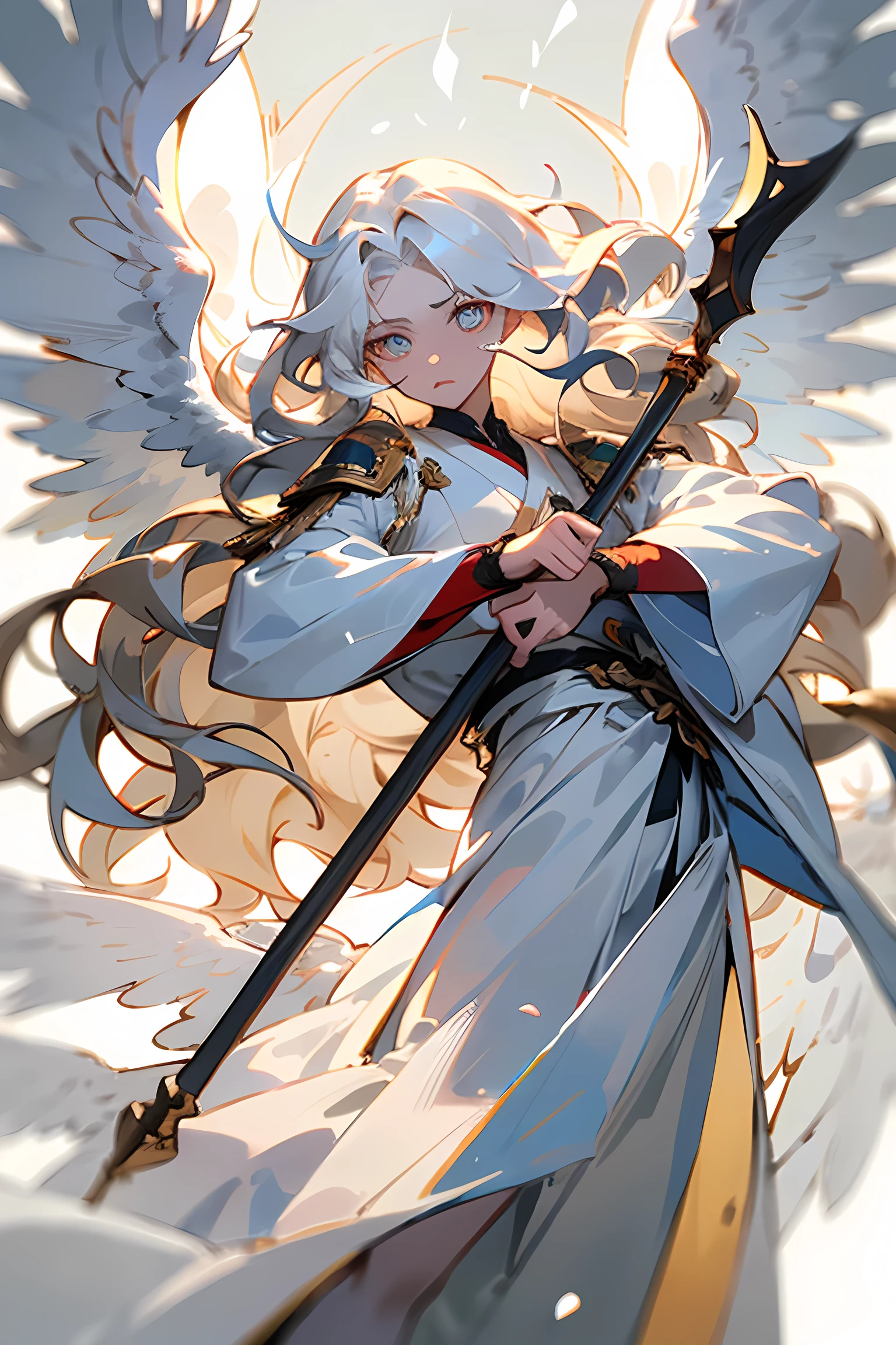((best quality)), ((masterpiece)), (detailed), Male, long hair, wavy hair, white hair, white pupils, white clothes, holding white staff, wings, white Flames