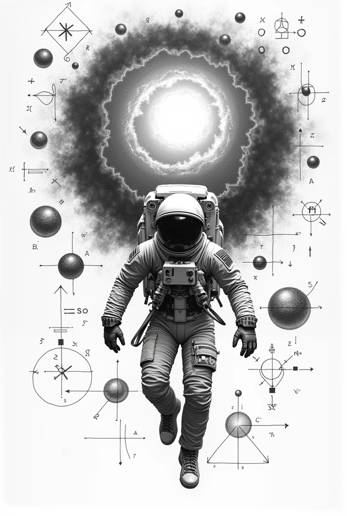 Traced drawing of an astronaut exiting a galaxy. Around the galaxy add mathematical and artistic symbols in black and white