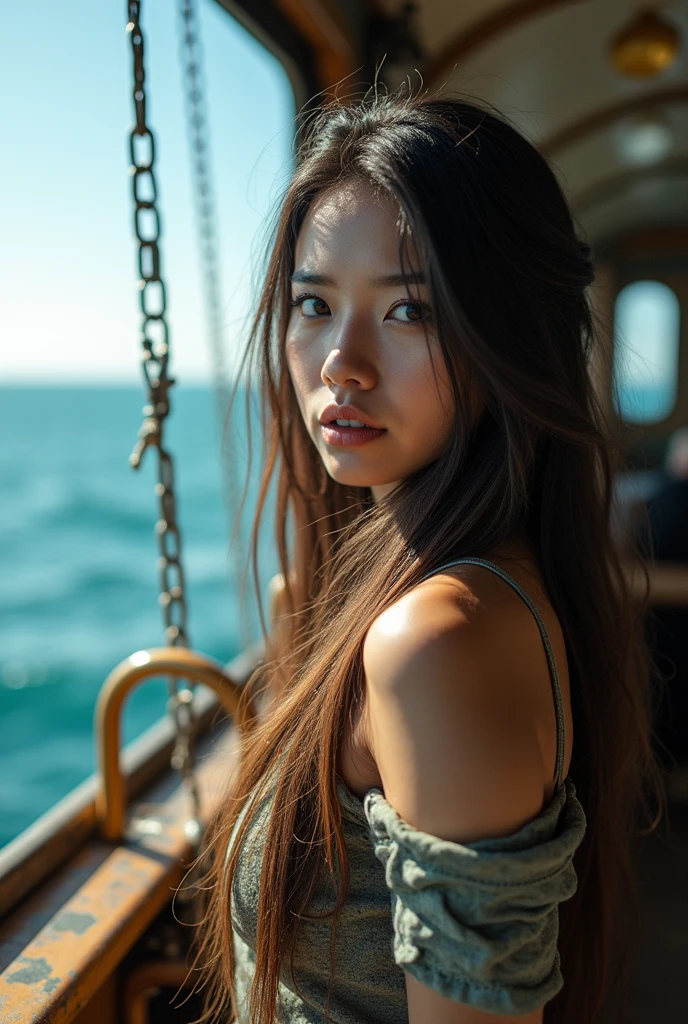 One person, 10 talents,Long Hair, Highest quality, profile,Ocean,steampunk,Boat,Open your mouth a little, Bedphone, 大航Ocean,Wide-angle shot,