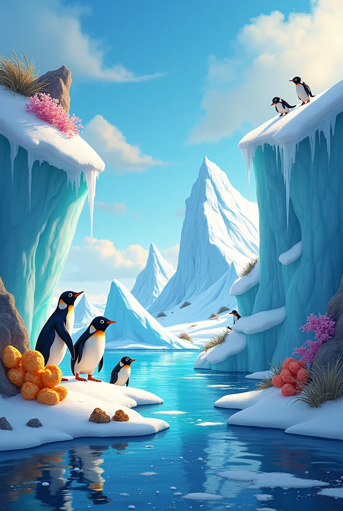 Pixar-like image of Antarctic natural resources such as fresh water, minerals oil, diamante,gold and iron