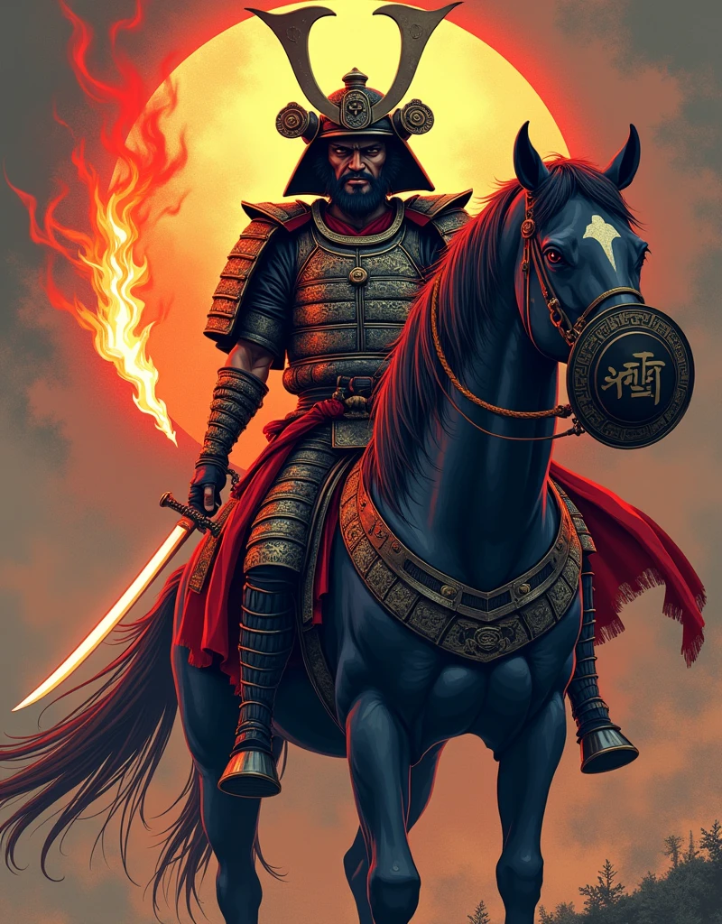 “Vector t-shirt design featuring a Samurai inspired by Achilles, wearing armor that merges elements of Greek and Japanese culture. The armor should include a kabuto (helmet) with a crest resembling Achilles’ plume. The Samurai stands beside a warhorse, holding a flaming blade in one hand, reminiscent of Achilles’ legendary weapon, and a round shield adorned with Samurai emblems in the other. The design should blend epic and historical styles, with a color palette that emphasizes the contrast between the fiery blade and the metallic sheen of the armor. The overall composition should evoke strength, honor, and a fusion of cultural symbols, creating a visually striking and powerful t-shirt design.”