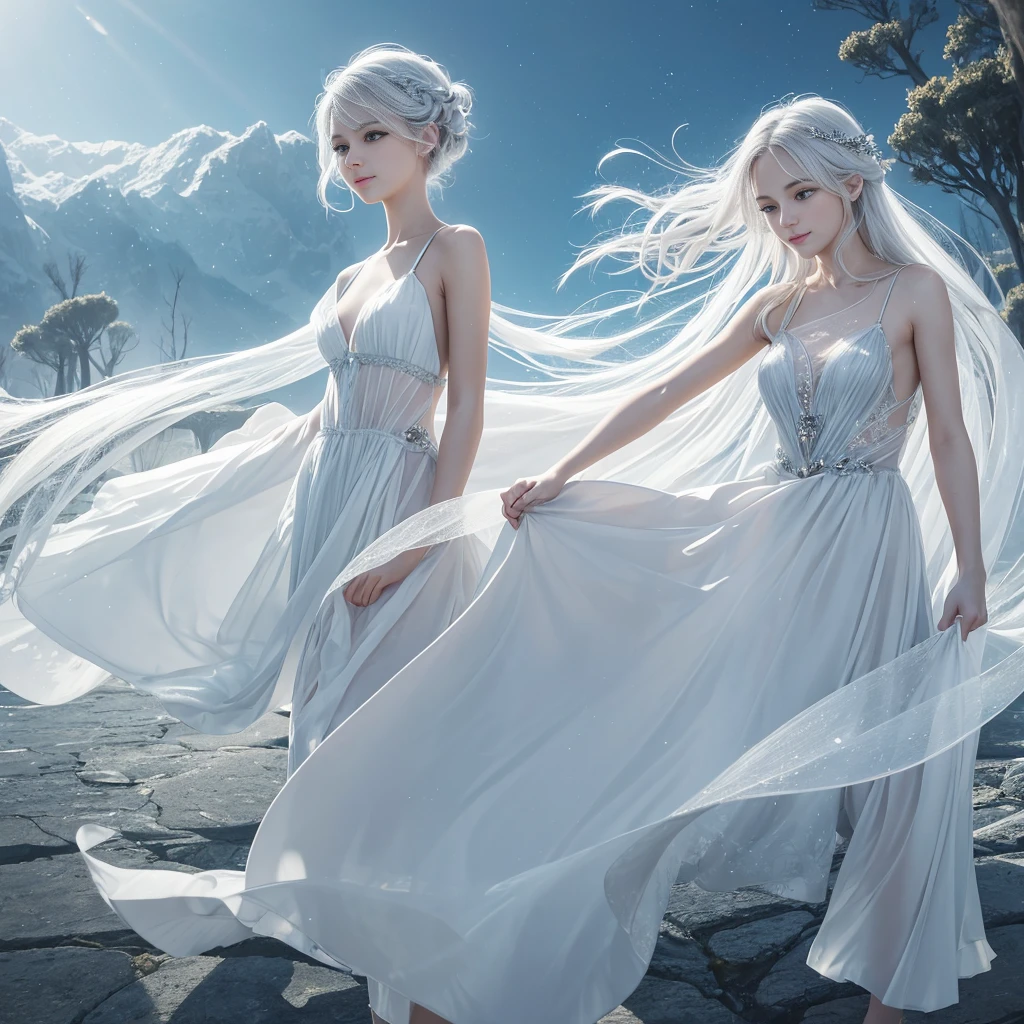 "A Sylphid Fairy, an agile and lively being who commands the power of the wind. She has flowing silver or white hair, light and airy, resembling the breeze itself. Her wings are delicate and transparent, with a subtle shimmer that reflects the light. Her eyes are large, clear, and bright, capturing the essence of a clear sky, while her nose is small and finely sculpted, complementing her delicate facial features. She appears to be in her early s, though her true age is timeless. She wears minimalistic attire that hints at the freedom of the wind, allowing her to move swiftly and gracefully. Her smile is playful and mischievous, with lively, sparkling eyes that convey her spirited nature. Sylphid Fairies are born from the energy of wind spirits, emerging in high places or within storms, embodying the boundless freedom and speed of the wind."