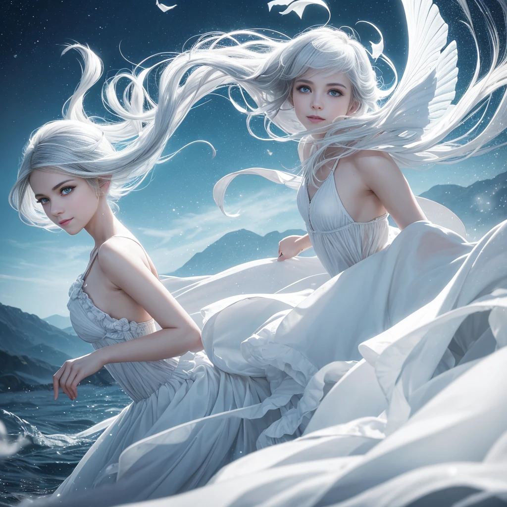 "A Sylphid Fairy, an agile and lively being who commands the power of the wind. She has flowing silver or white hair, light and airy, resembling the breeze itself. Her wings are delicate and transparent, with a subtle shimmer that reflects the light. Her eyes are large, clear, and bright, capturing the essence of a clear sky, while her nose is small and finely sculpted, complementing her delicate facial features. She appears to be in her early teens, though her true age is timeless. She wears minimalistic attire that hints at the freedom of the wind, allowing her to move swiftly and gracefully. Her smile is playful and mischievous, with lively, sparkling eyes that convey her spirited nature. Sylphid Fairies are born from the energy of wind spirits, emerging in high places or within storms, embodying the boundless freedom and speed of the wind."