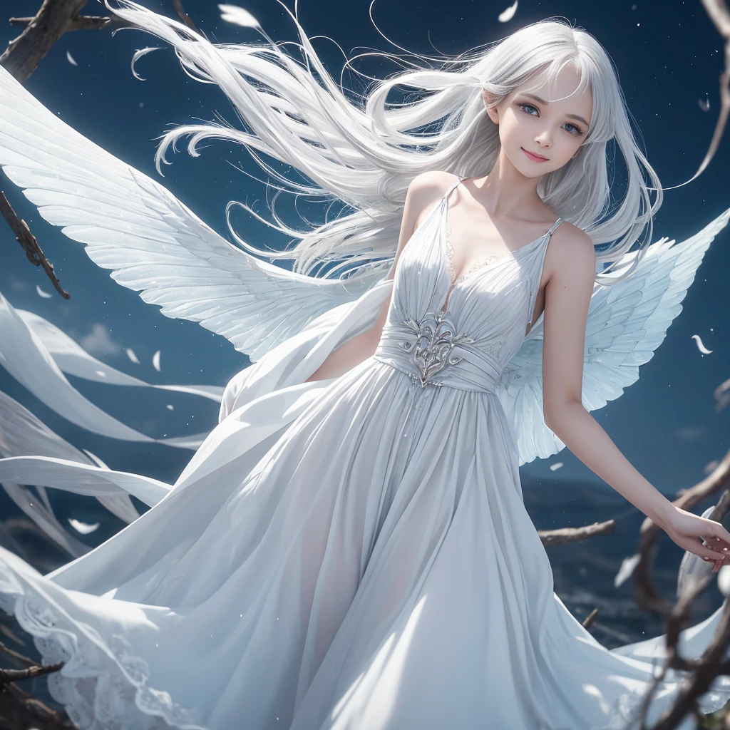 "A Sylphid Fairy, an agile and lively being who commands the power of the wind. She has flowing silver or white hair, light and airy, resembling the breeze itself. Her wings are delicate and transparent, with a subtle shimmer that reflects the light. Her eyes are large, clear, and bright, capturing the essence of a clear sky, while her nose is small and finely sculpted, complementing her delicate facial features. She appears to be in her early s, though her true age is timeless. She wears minimalistic attire that hints at the freedom of the wind, allowing her to move swiftly and gracefully. Her smile is playful and mischievous, with lively, sparkling eyes that convey her spirited nature. Sylphid Fairies are born from the energy of wind spirits, emerging in high places or within storms, embodying the boundless freedom and speed of the wind."