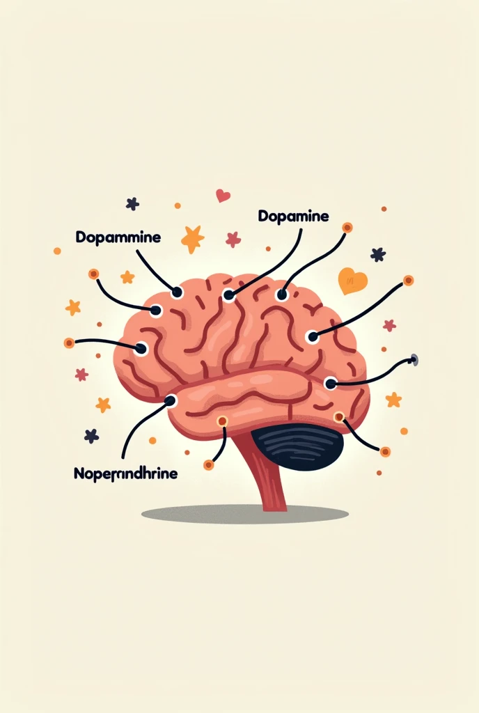 In a simple cartoon, A brain is shown with neurotransmitters such as dopamine and norepinephrine and cables that do not connect well..