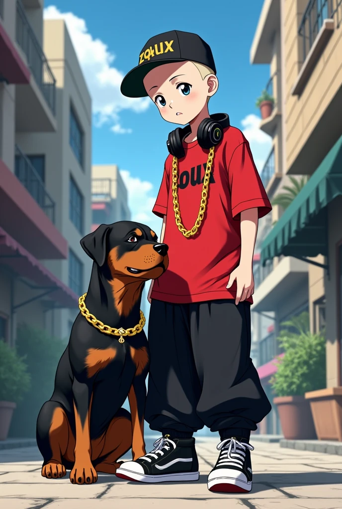 make a 14 year old boy, dressed in a red shirt that says in black letters"zoux" that he is bald and has white skin, who has a black hat on his head with a gold chain, some wide black pants and some black sneakers and white, (hiphop style) that has headphones on its neck, and next to it there is a Rottweiler dog with a gold chain, which is in an anime-style urbanized place