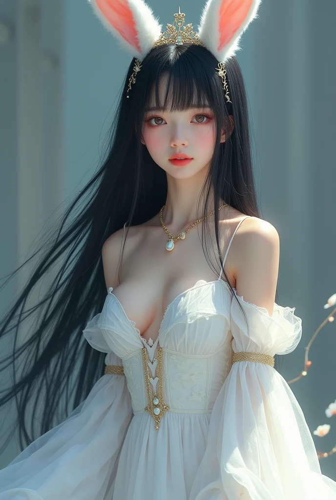 Girl with white bunny ears, small crown, black hair without bangs, hip length hair, gentle face, Sexy white dress, full body pretty.