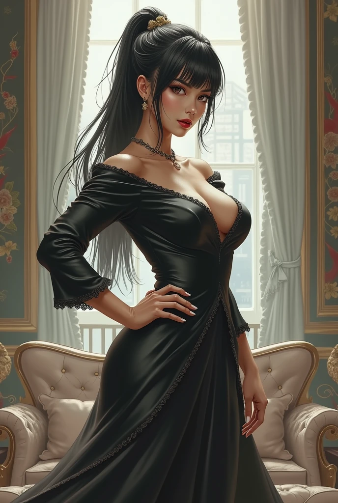 (masterpiece, Best Quality, High resolution, 32K HDR),chinese Mafia girl, man harem,strong woman,black long hair, real art