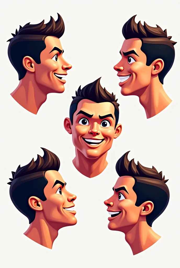 Cristiano Ronaldo&#39;s floating head, 2D Cartoon Style, vectorized, svg, VARIOUS ANGLES, invisible neck, game outline