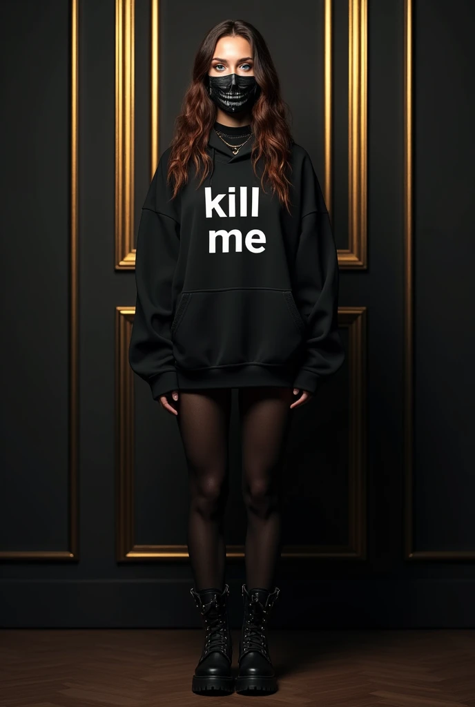 fully black oversized hoodie with the words "kill me" on it, black tights, a skull face mask, with booty shorts, on a with combat boots beside it in a black and gold room 8k southern tanned female with long rose brown wavy hair with rose gold highlights going through, soft clear skin, blue eyes, long lashes, wearing evening makeup,