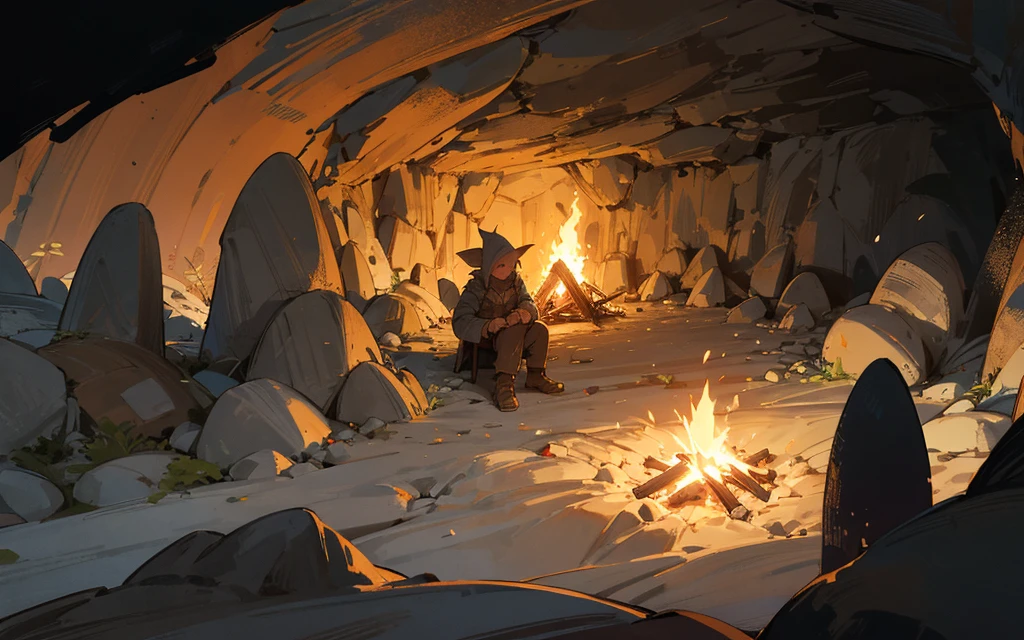 Goblin hunter sitting next to a campfire inside a dark cave.
