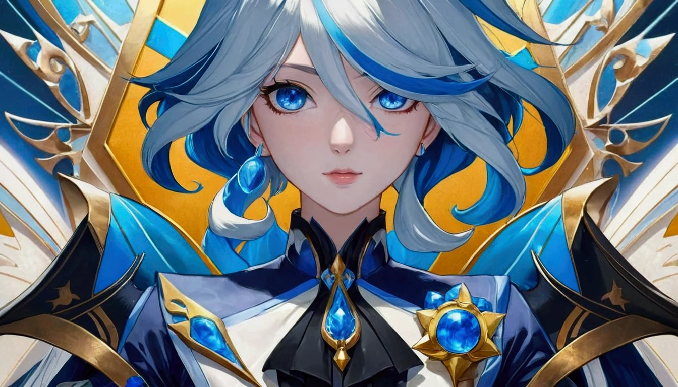 anime girl with blue hair and blue eyes in front of a golden background, portrait knights of the zodiac girl, detailed anime digital art, azure blue eyes, detailed key anime art, 8K anime art wallpaper, genshin, keqing do impacto genshin, High quality 8k detailed artwork, detailed anime character art, 4k anime art wallpaper, 4K anime art wallpaper