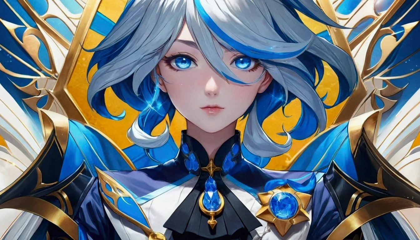 anime girl with blue hair and blue eyes in front of a golden background, portrait knights of the zodiac girl, detailed anime digital art, azure blue eyes, detailed key anime art, 8K anime art wallpaper, genshin, keqing do impacto genshin, High quality 8k detailed artwork, detailed anime character art, 4k anime art wallpaper, 4K anime art wallpaper