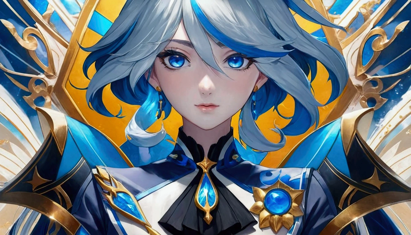 anime girl with blue hair and blue eyes in front of a golden background, portrait knights of the zodiac girl, detailed anime digital art, azure blue eyes, detailed key anime art, 8K anime art wallpaper, genshin, keqing do impacto genshin, High quality 8k detailed artwork, detailed anime character art, 4k anime art wallpaper, 4K anime art wallpaper