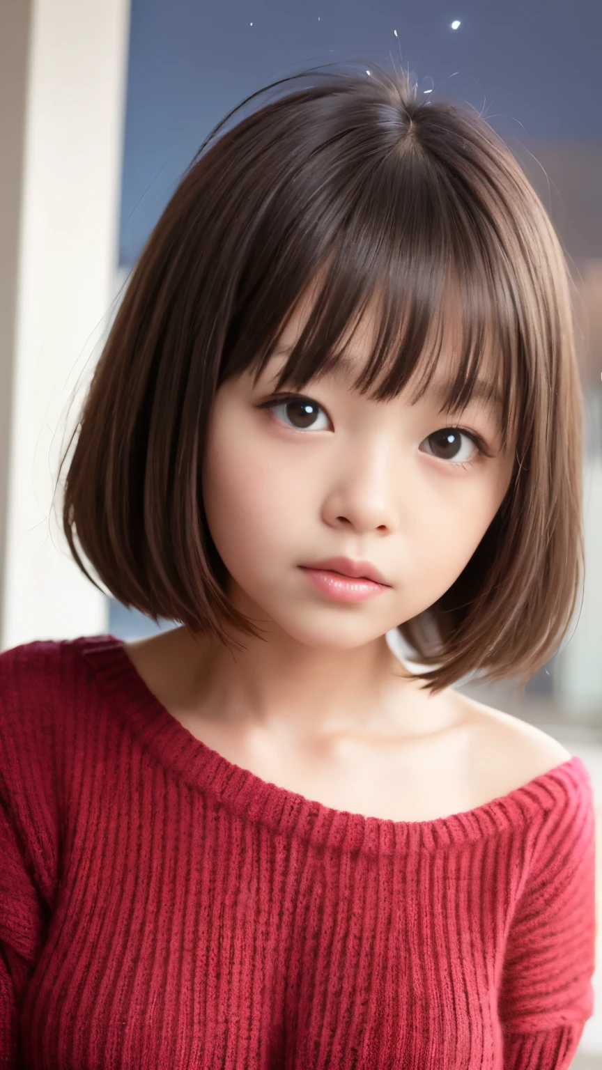 masutepiece, Best Quality, 8K, -yeld, thost popular Japanese-child-actrextremely cute and childish face like a most famous Japanese-child-actress,,photo, absurderes, award winning portrait, Solo, (Night:1.8), Idol face, Delicate girl,Delicate body, Upper body, Digital SLR, Candid, Sophisticated,Thin arms, Professional Lighting, Film grain, chromatic abberation, (Eyes and faces with detailed:1.0), (physician:1.1) , closes mouth ,A dark-haired , short hair、brown haired, bangss,droopy eyes, ecstasy , Oversized breasts,(red oversized knitted sweater:1.3), sexy pose