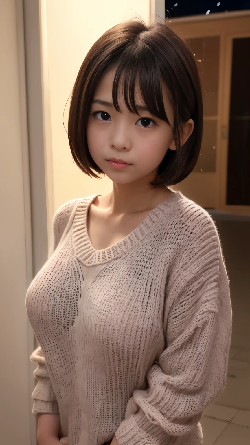 masutepiece, Best Quality, 8K, 12-years-old, the most popular Japanese-child-actress, extremely cute and childish face like a most famous Japanese-child-actress,, Raw photo, absurderes, award winning portrait, Solo, (Night:1.8), Idol face, Delicate girl,Delicate body, Upper body, Digital SLR, Candid, Sophisticated,Thin arms, Professional Lighting, Film grain, chromatic abberation, (Eyes and faces with detailed:1.0), (physician:1.1)  , closes mouth ,A dark-haired , short hair、brown haired, bangss,droopy eyes, ecstasy , Oversized breasts,(oversized knitted sweater:1.3), sexy pose