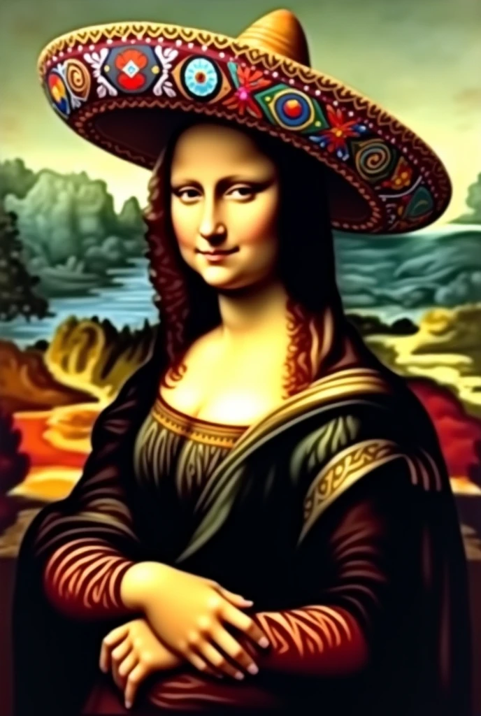 Monalisa wearing a Mexican hat