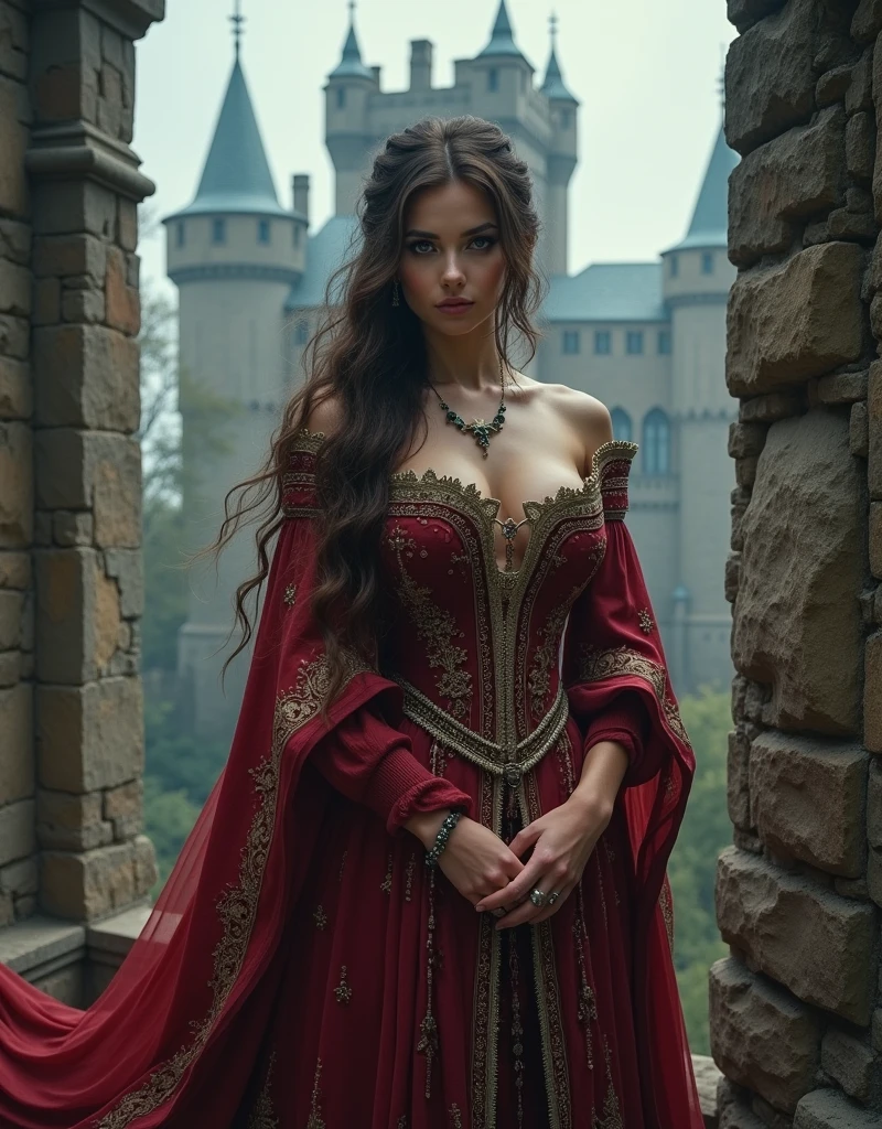 Arafed woman in a medieval dress standing on a stone building., medieval style, beautiful lady, Lara Croft Medieval, beautiful woman, medieval princess, como personaje de medieval fantasy, seductive hypnotist woman, dressed in medieval clothing, medieval fantasy, of a beautiful woman knight, portrait ezio auditore as a woman, beautiful woman knight, In a castle, medieval dark fantasy