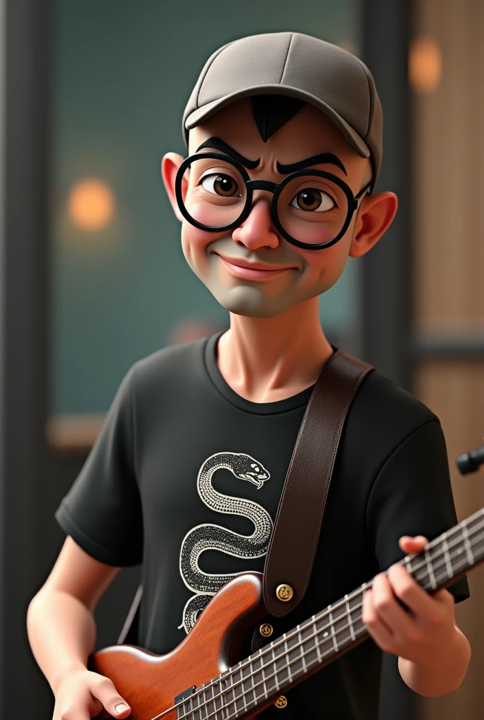 A cartoon character of a 50-year-old Japanese man with no beard, wearing a shaved head, a bass cap, black glasses and a T-shirt with a picture of a snake, holding a bass guitar, Anime characters, Stylized characters, Animation-style rendering, 3D stylized, Arnold Maya Rendering, 3D rendering style, toon render keyshot, 3D Characters, 3D Characters, 3D rendering style, 3D Charactersレンダリング, Cartoon characters, Close-up Character, Character pose, (Pixar Style) (Master Parts:1.2) (Bokeh) (Highest quality) (Fine skin) (Fine texture) (8k) (clay) (Cinema Lighting) (Sharp focus)