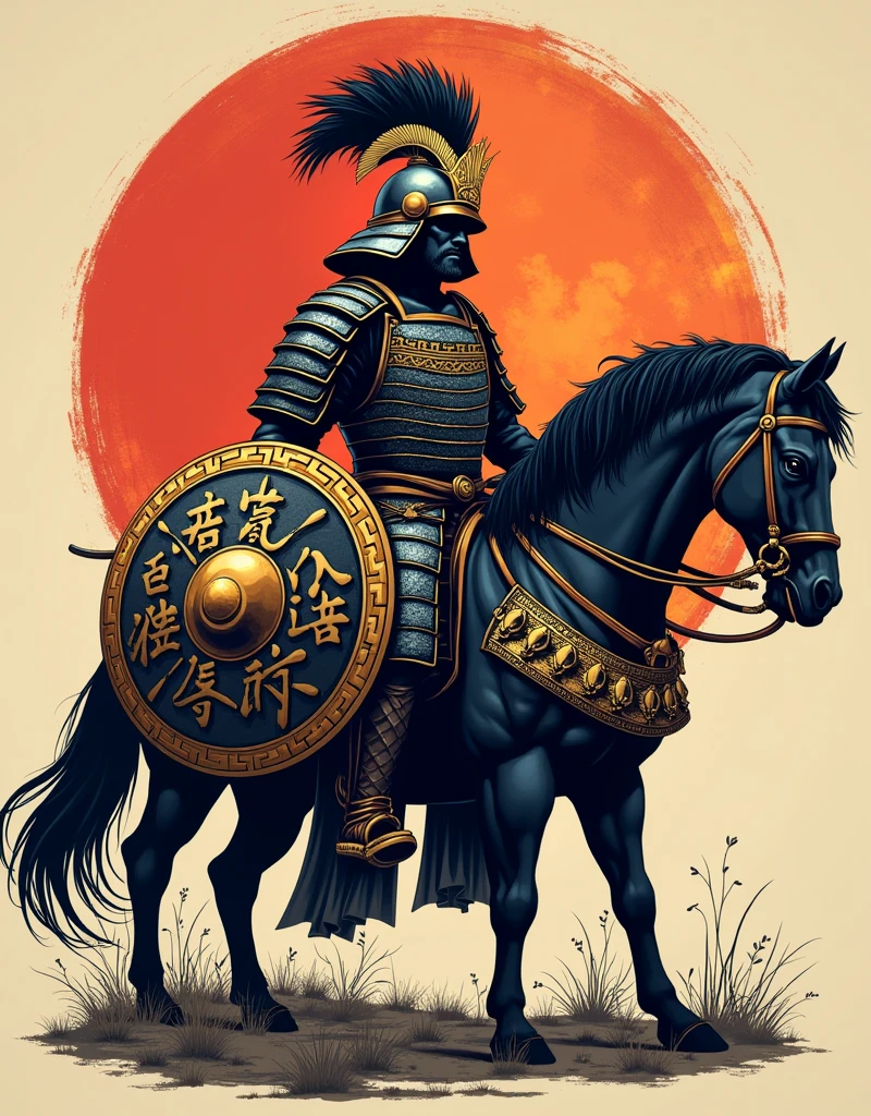 “Vector t-shirt design featuring a Samurai inspired by Achilles, wearing armor that merges elements of Greek and Japanese culture. The armor should include a kabuto (helmet) with a crest resembling Achilles’ plume. The Samurai stands beside a warhorse, holding a flaming blade in one hand, reminiscent of Achilles’ legendary weapon, and a round shield adorned with Samurai emblems in the other. The design should blend epic and historical styles, with a color palette that emphasizes the contrast between the fiery blade and the metallic sheen of the armor. The overall composition should evoke strength, honor, and a fusion of cultural symbols, creating a visually striking and powerful t-shirt design.”