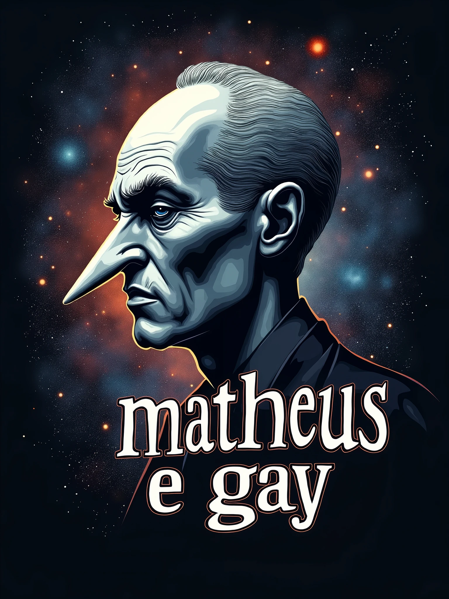 A logo with the text "Matheus" with an epic space written " e GAY" and next to it has the face of a gray man who has a very hyper-sized pointed chin