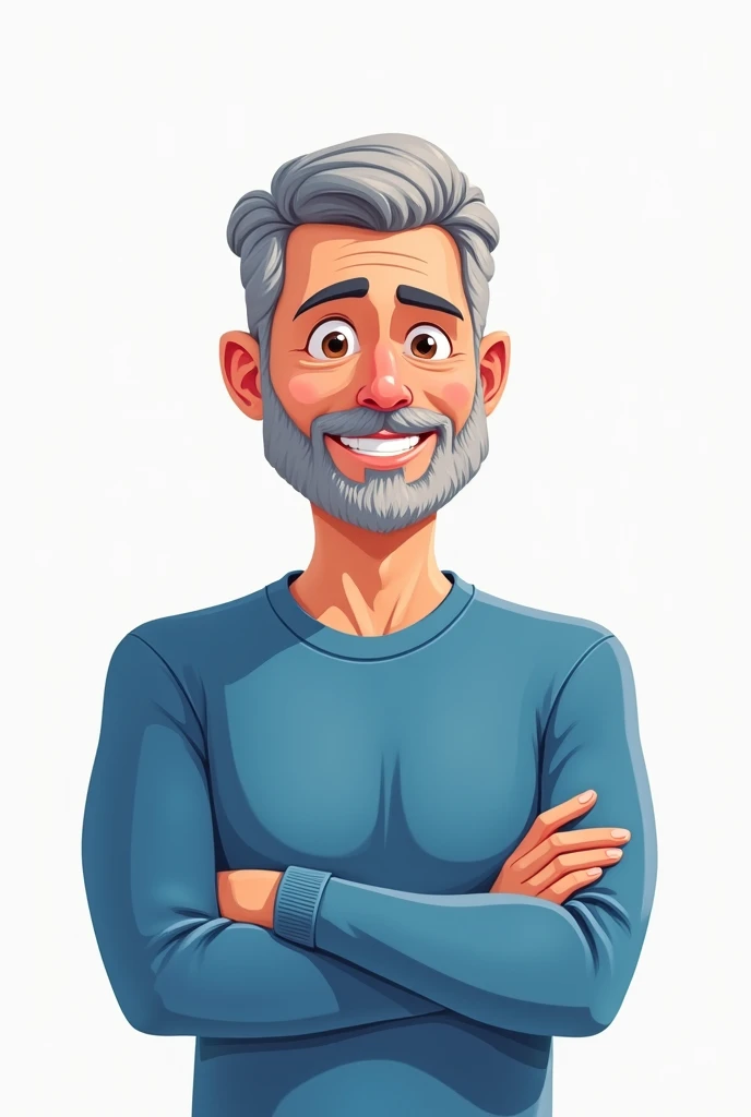 A 50-year-old white man in the form of a cartoon drawing, has gray hair and a short beard. wearing a blue long sleeve shirt, Arms crossed and smiling