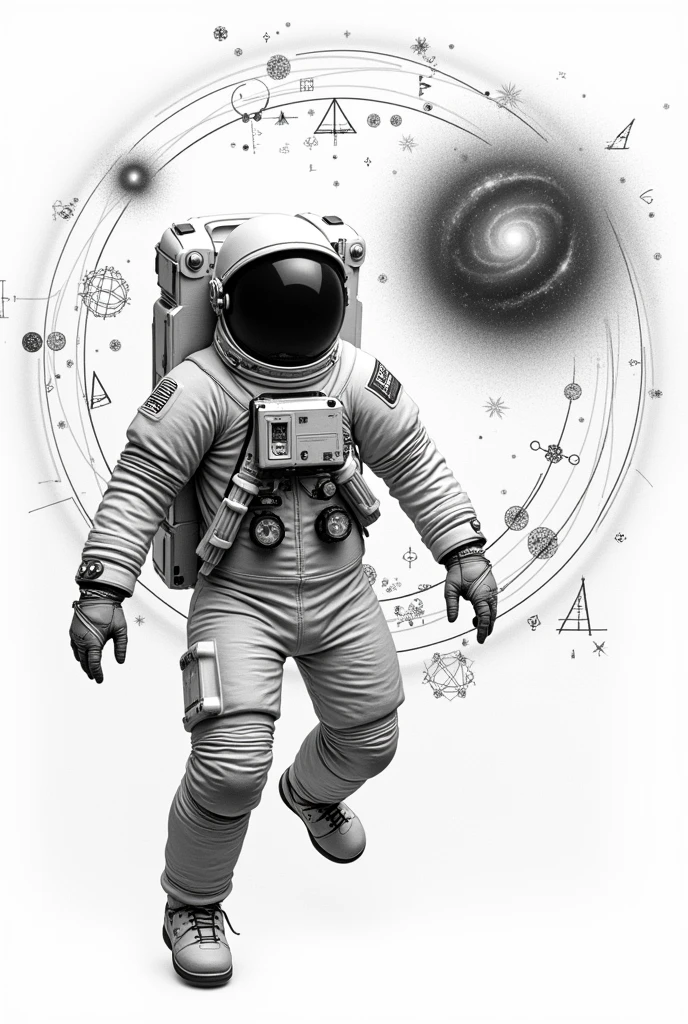 Traced drawing of an astronaut exiting a galaxy. Around the galaxy add mathematical and artistic symbols in black and white