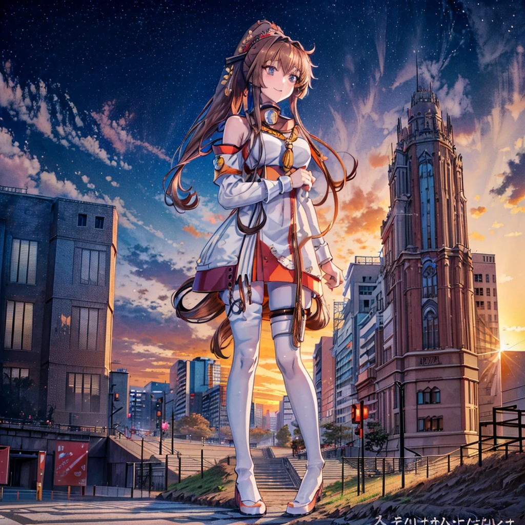 Composition viewed from below ((A giant Yamato standing in a valley between skyscrapers)) ((Brown Hair)) ((ponytail)) ((evening)) ((sunset)) ((sunset)) cumulonimbus masterpiece Anime Style Delicate painting 4K 90's giant plural crowd Metropolis crowd Crowd of people ((A giant Yamato standing in a valley between skyscrapers)) ((Fleet Collection)) Metropolis Tokyo Akihabara Electric Town Big Breasts Sweating profusely Splash sneakers White socks watch smile female giant giant girl Whole body Crowd Unreal Engine,cleavage ,a drawing of a , earrings, long hair,Cute picture Beauty Analog style whole body sneakers