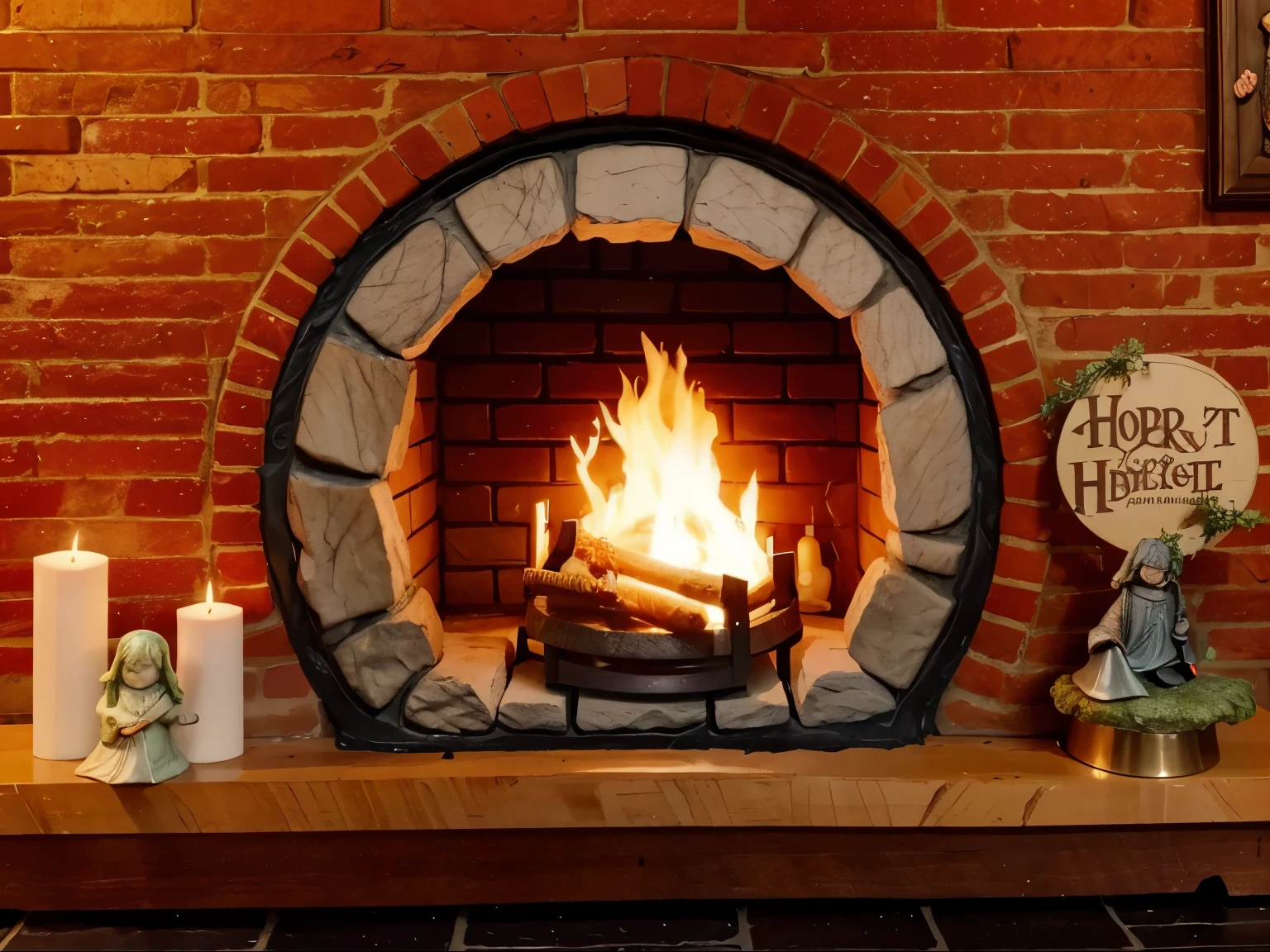 A cozy medieval stoned ROUNDED hobbit fireplace, a little statue of smeagle, a little statue of hobbit holding a sword, a hobbit LOR candle with ring, a cozy hobbit dor addornment, fantasy, magic, 8k quality
