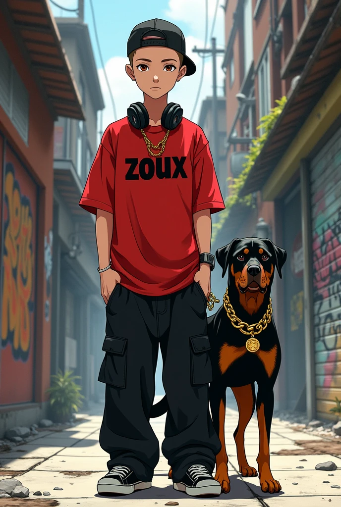 make a 14 year old boy, dressed in a red shirt that says in black letters"zoux" that he is bald and has white skin, who has a black hat on his head with a gold chain, some wide black pants and some black sneakers and white, (hiphop style) that has headphones on its neck, and next to it there is a Rottweiler dog with a gold chain, which is in an alley all graffitied with anime-style tags