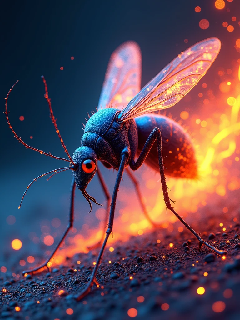 Digital art with a stylized representation of a psychedelic mosquito. The layout is centered with a prominent psychedelic mosquito on the left side, characterized in shades of blue and blue, is a fierce expression. The mosquito transitions into predominantly orange and red flames, creating a dynamic and fiery effect. the word "Jjúliusmesquita" displayed in large letters, bold and metallic with a dark blue and orange gradient, blending seamlessly with the flames. Small golden stars are scattered throughout the composition, adding a celestial touch. The background is a gradient from dark to light blue, enhancing the vibrant colors of the main elements  2.5D-variation