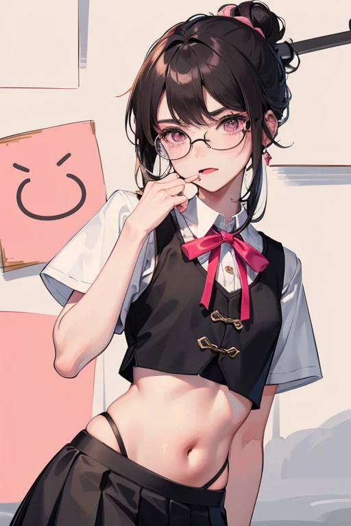 Chinese girl,Wear black round glasses
,Short-sleeved school uniform
,White pleated skirt
,Black messy bun
,Pink heart-shaped eyes
,small waist
,Fell on the bed
,night time
,There is warm light from the bulb.
,Beautiful composition
,Taken by a professional photographer
,Open your mouth and stick your tongue out.,The tongue is clearly visible.
,My eyebrows droop.
,shy
,Thin eyebrows, not too dark
,small nose
,There are some small bumps on the face.
,Medium Page
,Don't be a jerk.
,small
,sparkling eyes
,pink mouth
,pink cheeks
,See the thighs and navel
,break out
,Hands tied with ribbons above the head
,I'm sweating a lot.
,My legs are covered with water.
,Put on a collar
,There are red hickeys on the neck.
,There is hot steam coming out of the mouth.
